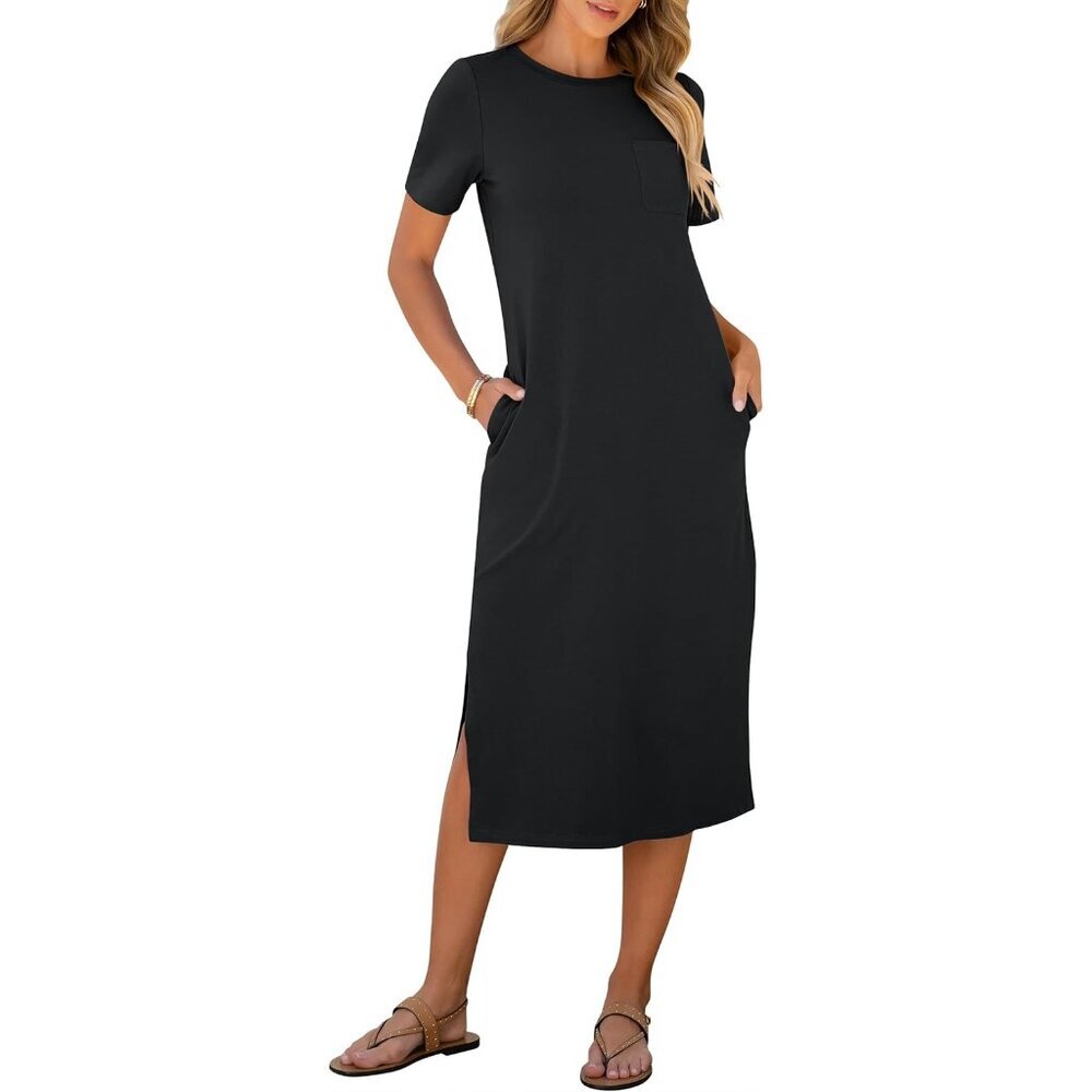Women's Casual Rayon Blend Midi Dress Short Sleeve Crew Neck Beach Vacation